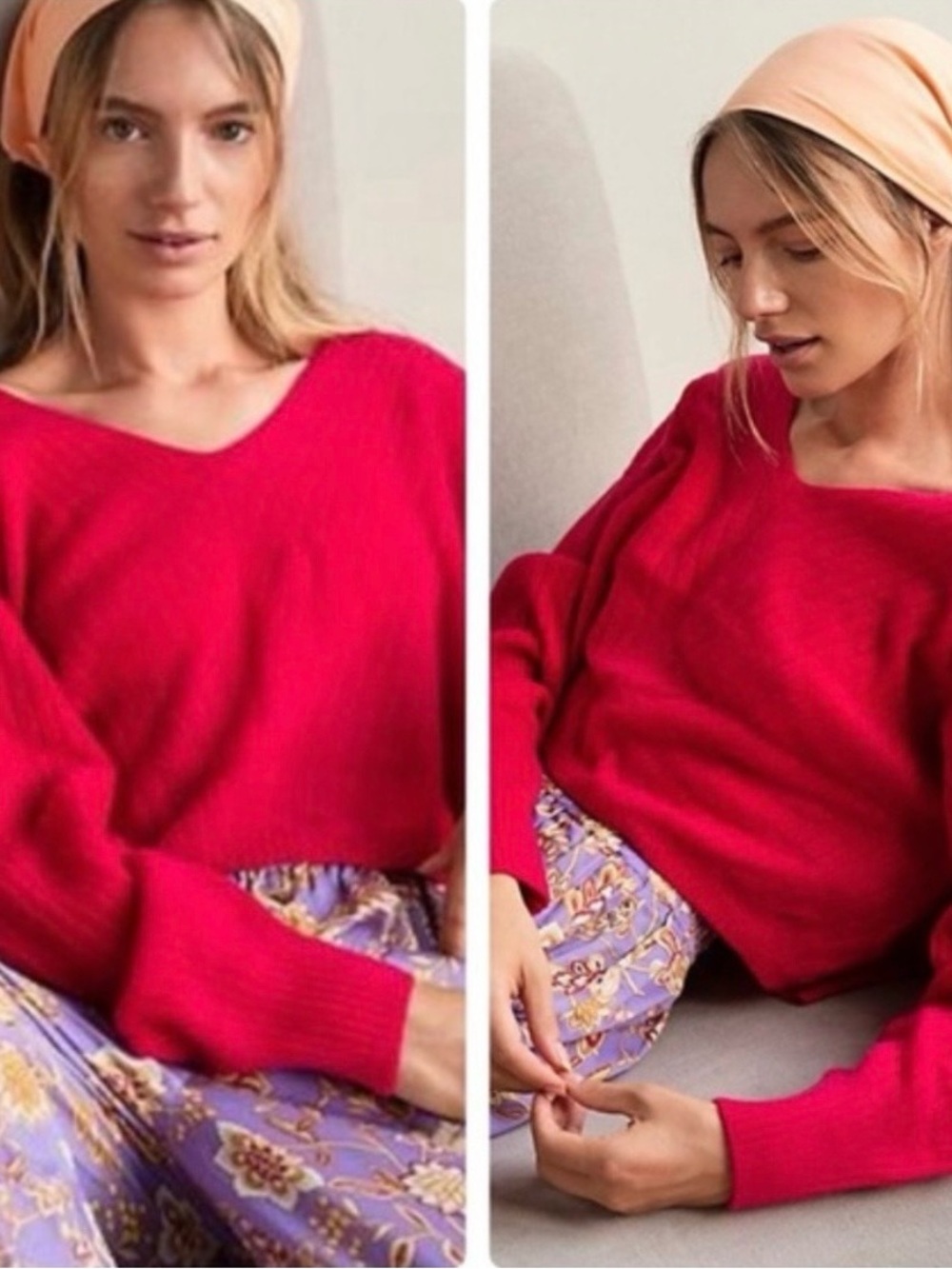 Free People Vibrant Hot Pink V-Neck Knit Sweater